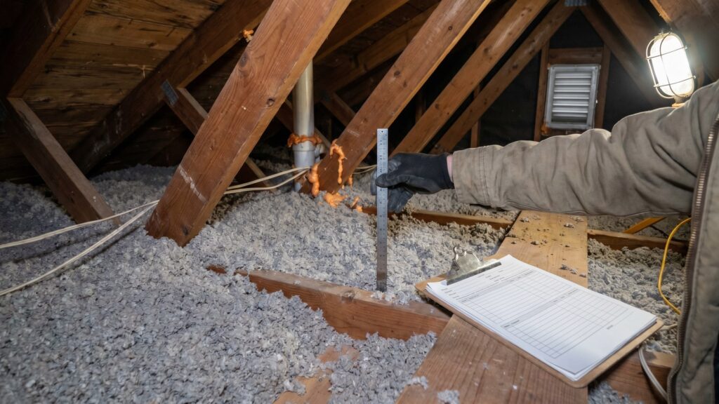 Attic insulation installation in Denver home showing blown insulation depth markers and air sealing preparation for Xcel Energy rebate documentation