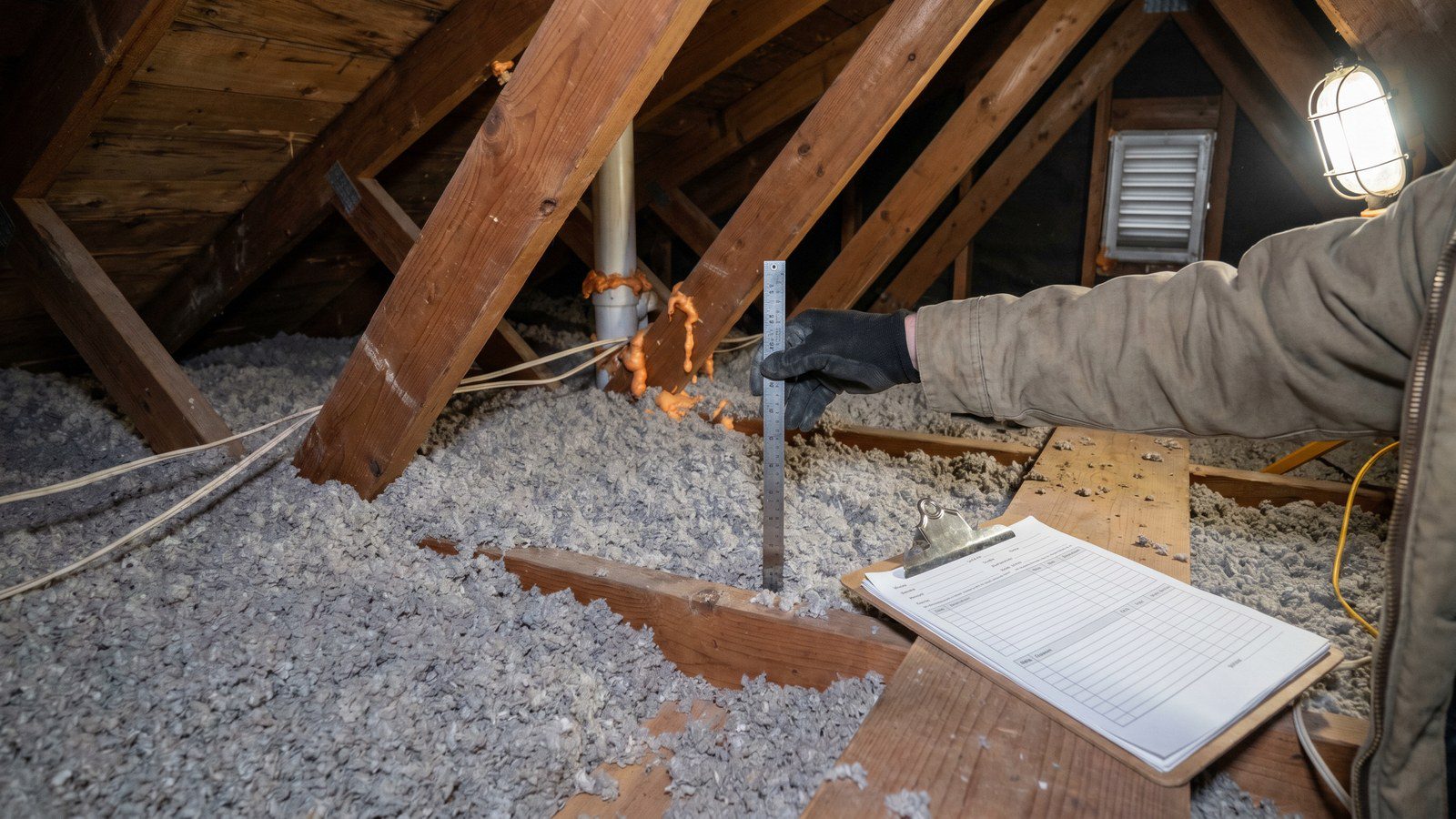 Attic insulation installation in Denver home showing blown insulation depth markers and air sealing preparation for Xcel Energy rebate documentation