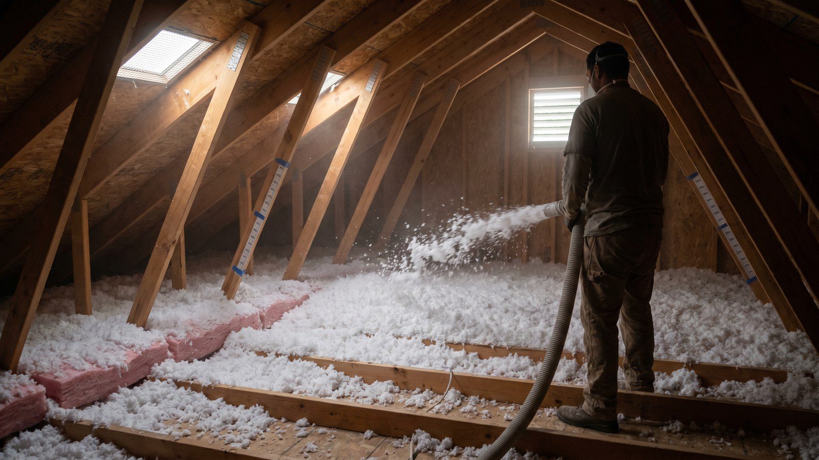 Professional insulation contractor installing blown fiberglass insulation in Denver attic to R-49 target depth