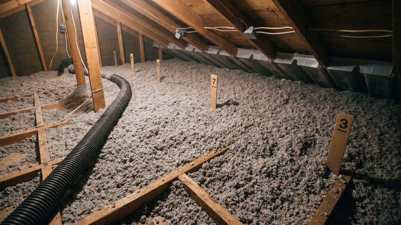 Blown-in cellulose and fiberglass insulation materials side by side in Denver attic installation