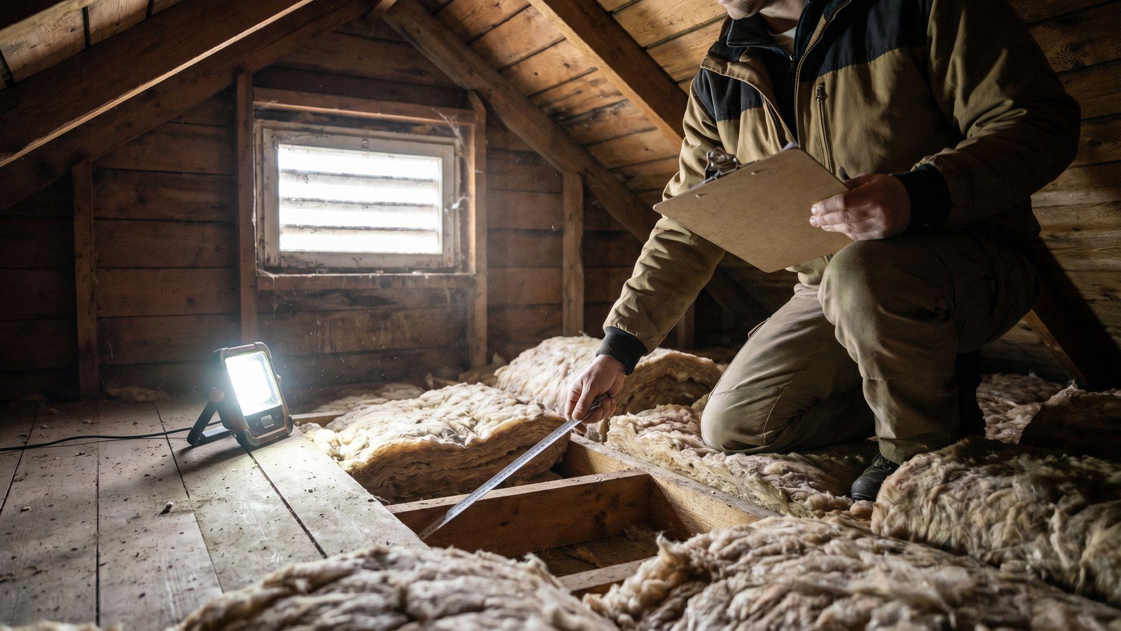 Professional insulation contractor inspecting attic insulation in Denver home during estimate visit