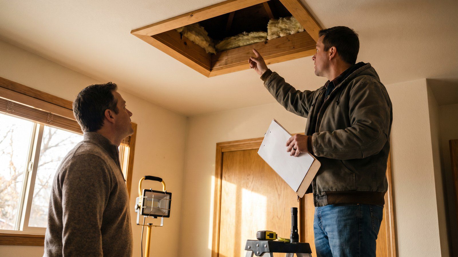 Homeowner reviewing insulation contractor quote with detailed diagnostic checklist and material specifications