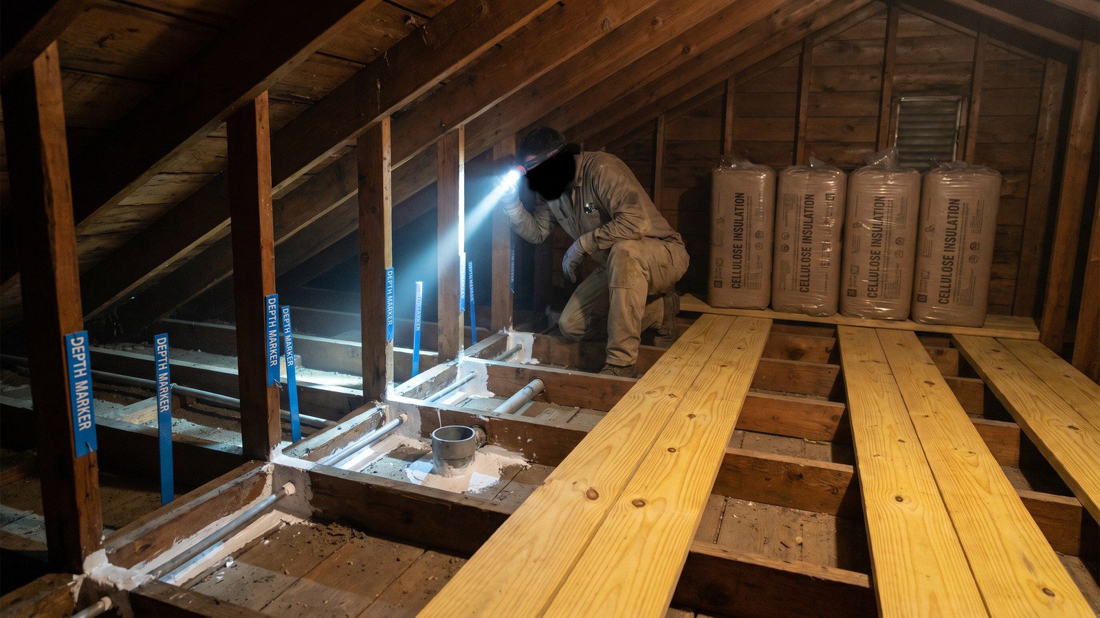 Professional insulation installation checklist for Denver attic showing depth markers and air sealing