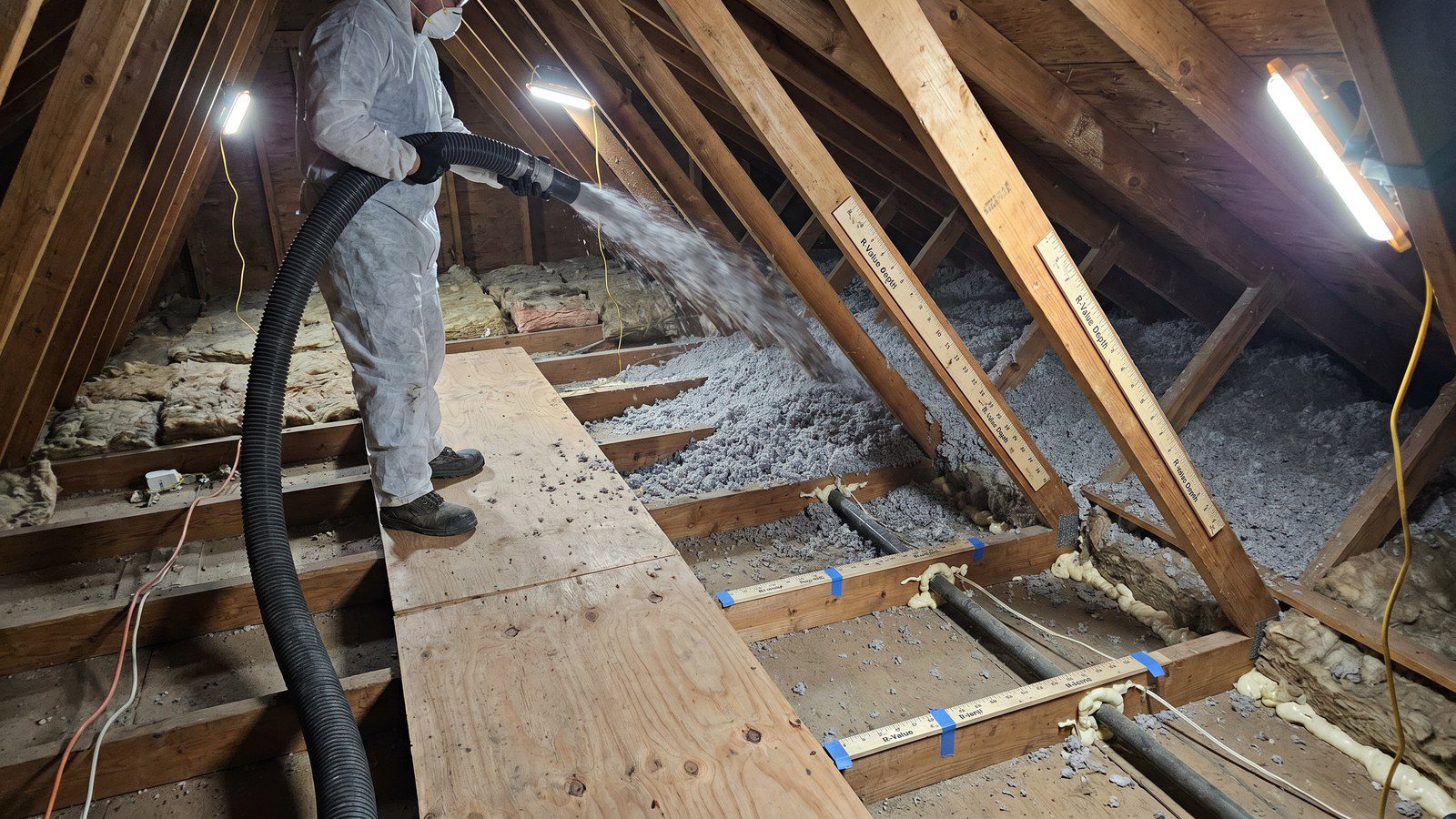 Insulation contractor blowing cellulose insulation into Denver attic during installation project