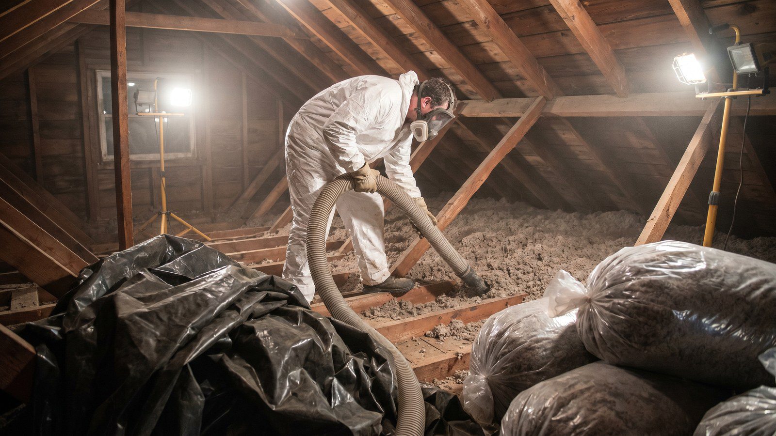 Contractor removing old contaminated attic insulation in Denver home